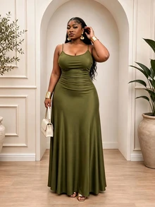 CurvyTilda 大码女式纯色褶皱腰喇叭下摆细肩带连衣裙、半正式连衣裙、优雅茶会连衣裙、飘逸巡航女装 - 軍綠色 - 查看 4