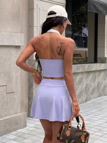 SHEIN Sports Women's Colorblock Halter Top And Pocket Skorts Casual Sporty Daily Sports Set Tennis Workout Purple Summer - Purple - View 2