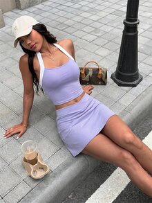 SHEIN Sports Women's Colorblock Halter Top And Pocket Skorts Casual Sporty Daily Sports Set Tennis Workout Purple Summer - Purple - View 5