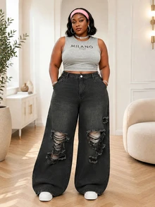 CurvyTilda Plus Size Women Loose Fit Ripped Blue Wide Leg Jeans - Black - View 4