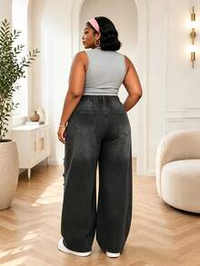 CurvyTilda Plus Size Women Loose Fit Ripped Blue Wide Leg Jeans - Black - View 2