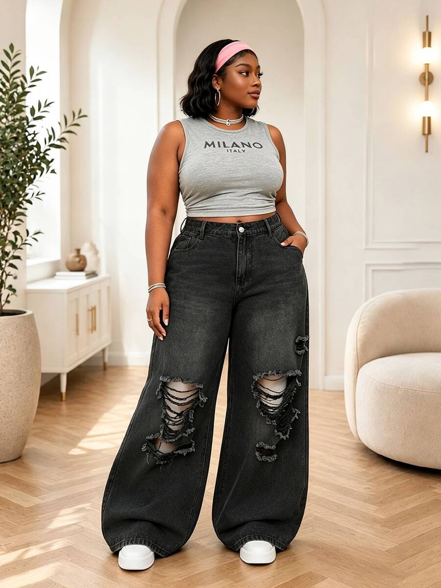 CurvyTilda Plus Size Women Loose Fit Ripped Blue Wide Leg Jeans - Black - View 1