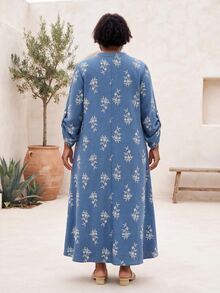 CurvyTilda 休闲刺绣宽松长袖连衣裙，大码，春夏款 - 藍色 - 查看 2
