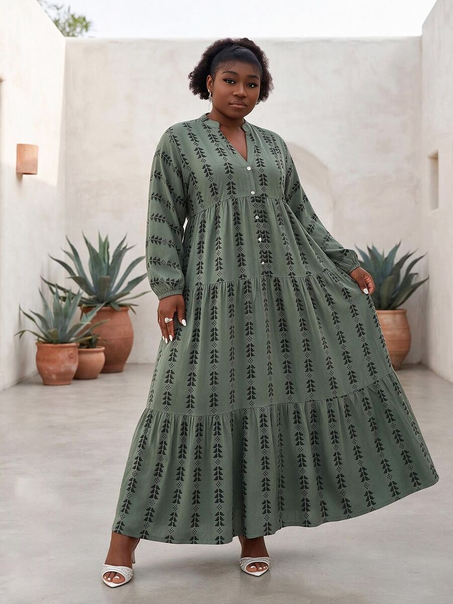CurvyTilda فستان ماكسي بطبقات مطبوع باللون الأخضر الزيتوني بياقة على شكل حرف V وأزرار، مقاس كبير، بأسلوب بوهيمي للعطلات والارتداء اليومي - متعدد الألوان - مشاهدة 1