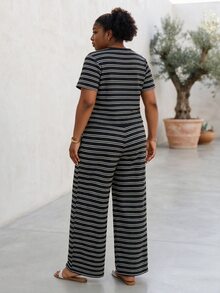 CurvyTilda Plus Size Casual Striped Tie-Up Top And Pants 2 Pieces Set, Summer Outfits - Black - View 2