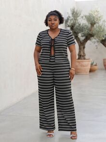 CurvyTilda Plus Size Casual Striped Tie-Up Top And Pants 2 Pieces Set, Summer Outfits - Black - View 4