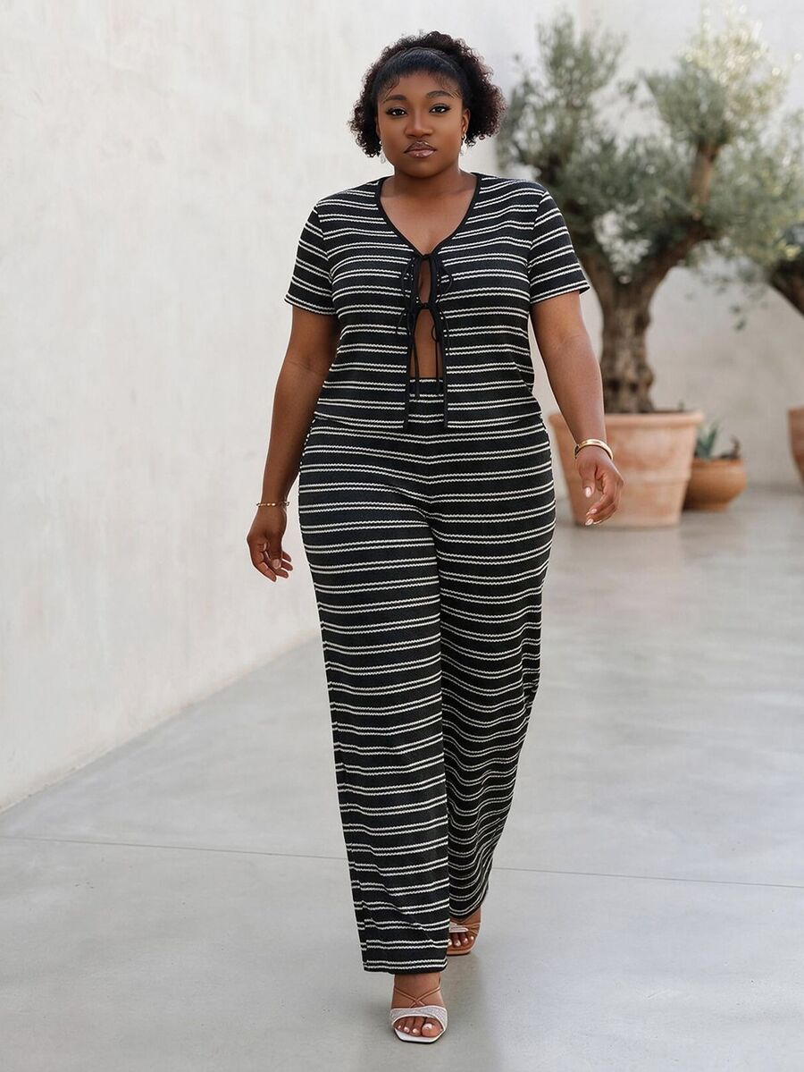 CurvyTilda Plus Size Casual Striped Tie-Up Top And Pants 2 Pieces Set, Summer Outfits - Black - View 1