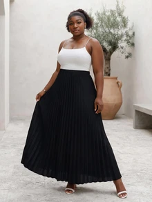 CurvyTilda Elegant Lady's Casual Vacation Loose Pleated Skirt With Elastic Waist, Black, Plus Size Fall - Black - View 1