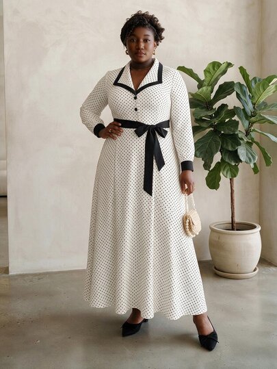 CurvyTilda Spring/Autumn Elegant Fashion Minimalist Date Commute Style Long Sleeve Dress Lapel Collar Side Pleated Long Sleeve Red Dress Bow, Vacation, Summer Women Outfit, Spring/Autumn Japanese Sweet Cute Black And White Polka Dot Dress New Petite College Style Youthful Slimming Elegant Professional Date Long Dress Summer New French Loose Dress