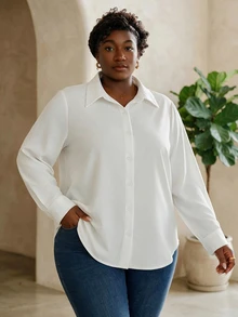 CurvyTilda 大码女式纯色纽扣衬衫 - 白色 - 查看 1