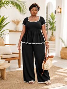 CurvyTilda Plus Size Women's 2-Piece Set Wave Heart Short Sleeve Colorblock Cinched Waist A-Line Hem Casual Commuter Outfit, Spring/Summer Style, Suitable For Daily Casual And Commuter Wear, For Apple And Rounded Body Shape - Black and White - View 4