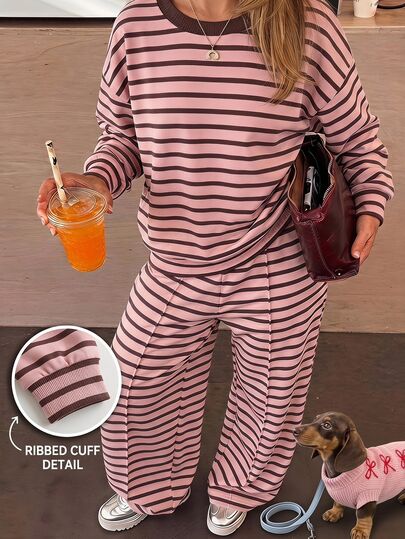 SHEIN Vintage Sweet Maillard Brown & Pink Colorblock Sporty Striped, Parent-Child Outfit, Teen Girls Crew Neck Sweatshirt & Straight Leg Sweatpants 2-Piece Set, Street Retro Style, Casual Comfortable, Children's Autumn Layering, Y2K, Sportswear, Outing, Street Style, Chill