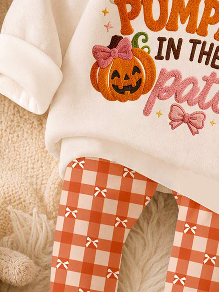Halloween Cute Bow Colorful Pumpkin Pattern "Cutest Pumpkin In The Patch!" Pumpkin Season, Fall Vibes! Baby Girl Casual Soft Thick Crew Neck Long Sleeve Sweatshirt & Leggings 2-Piece Set - Multicolor - View 6
