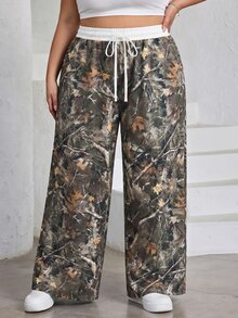 SHEIN CURVE+ Celana Panjang Longgar Motif Ranting Minimalis Kasual Ukuran Plus 22W, Cocok untuk Musim Gugur/Dingin - MultiWarna - View 4