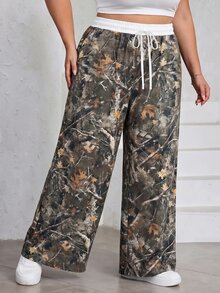 SHEIN CURVE+ Celana Panjang Longgar Motif Ranting Minimalis Kasual Ukuran Plus 22W, Cocok untuk Musim Gugur/Dingin - MultiWarna - View 7