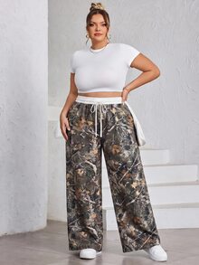 SHEIN CURVE+ Celana Panjang Longgar Motif Ranting Minimalis Kasual Ukuran Plus 22W, Cocok untuk Musim Gugur/Dingin - MultiWarna - View 3