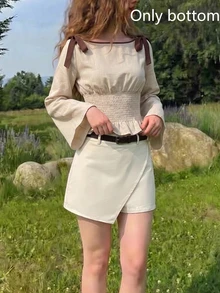 SHEIN MOD Skort Wanita Katun Warna Polos Kasual Serbaguna untuk Harian dan Brunch Musim Panas Putih Gading - Krem - View 5