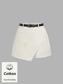 SHEIN MOD Skort Wanita Katun Warna Polos Kasual Serbaguna untuk Harian dan Brunch Musim Panas Putih Gading - Krem - View 1