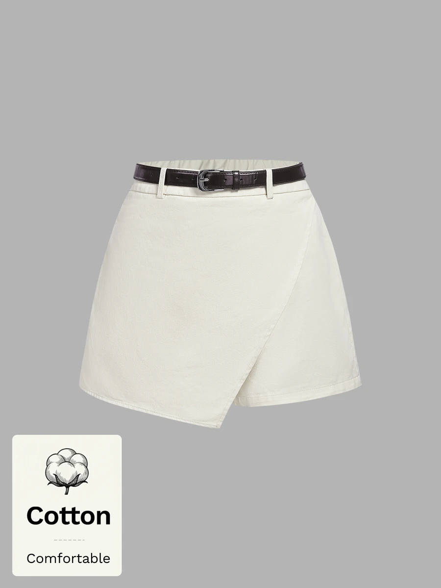 SHEIN MOD Skort Wanita Katun Warna Polos Kasual Serbaguna untuk Harian dan Brunch Musim Panas Putih Gading - Krem - View 1