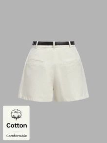 SHEIN MOD Skort Wanita Katun Warna Polos Kasual Serbaguna untuk Harian dan Brunch Musim Panas Putih Gading - Krem - View 2