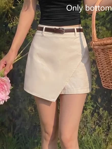SHEIN MOD Skort Wanita Katun Warna Polos Kasual Serbaguna untuk Harian dan Brunch Musim Panas Putih Gading - Krem - View 8