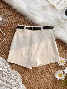 SHEIN MOD Skort Wanita Katun Warna Polos Kasual Serbaguna untuk Harian dan Brunch Musim Panas Putih Gading - Krem - View 6