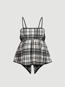 SHEIN MOD 女款黑白格紋大蝴蝶結上衣，無袖背心，開學大學風，可愛甜美 A 字細肩帶背心 - 黑與白 - 查看 6