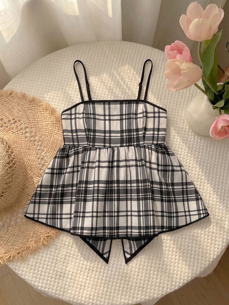 SHEIN MOD Women's Black And White Plaid Top With Large Bow, Sleeveless Tank Top, Back To School College Style, Cute And Sweet A-Line Camisole - Black and White - View 7