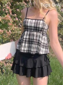 SHEIN MOD 女款黑白格紋大蝴蝶結上衣，無袖背心，開學大學風，可愛甜美 A 字細肩帶背心 - 黑與白 - 查看 5