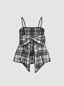 SHEIN MOD 女款黑白格紋大蝴蝶結上衣，無袖背心，開學大學風，可愛甜美 A 字細肩帶背心 - 黑與白 - 查看 2