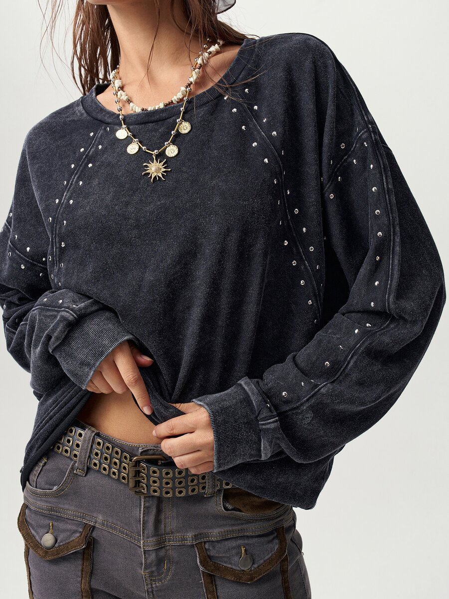 Bohemela Casual Grunge Streetwear Solid Color Knit Women's Sweatshirt Going Out Concert Night Gray Autumn - Black - View 1