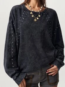 Bohemela Casual Grunge Streetwear Solid Color Knit Women's Sweatshirt Going Out Concert Night Gray Autumn - Black - View 5