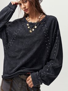 Bohemela Casual Grunge Streetwear Solid Color Knit Women's Sweatshirt Going Out Concert Night Gray Autumn - Black - View 2