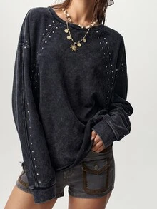 Bohemela Casual Grunge Streetwear Solid Color Knit Women's Sweatshirt Going Out Concert Night Gray Autumn - Black - View 4