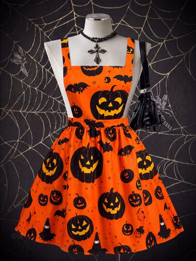 DreamSkyne Plus Size Women's Halloween Orange Pumpkin Bat Square Neck High Waist Pleated Flared A-Line Puff Skirt, Holiday Suspender Skirt Wedding Guest White