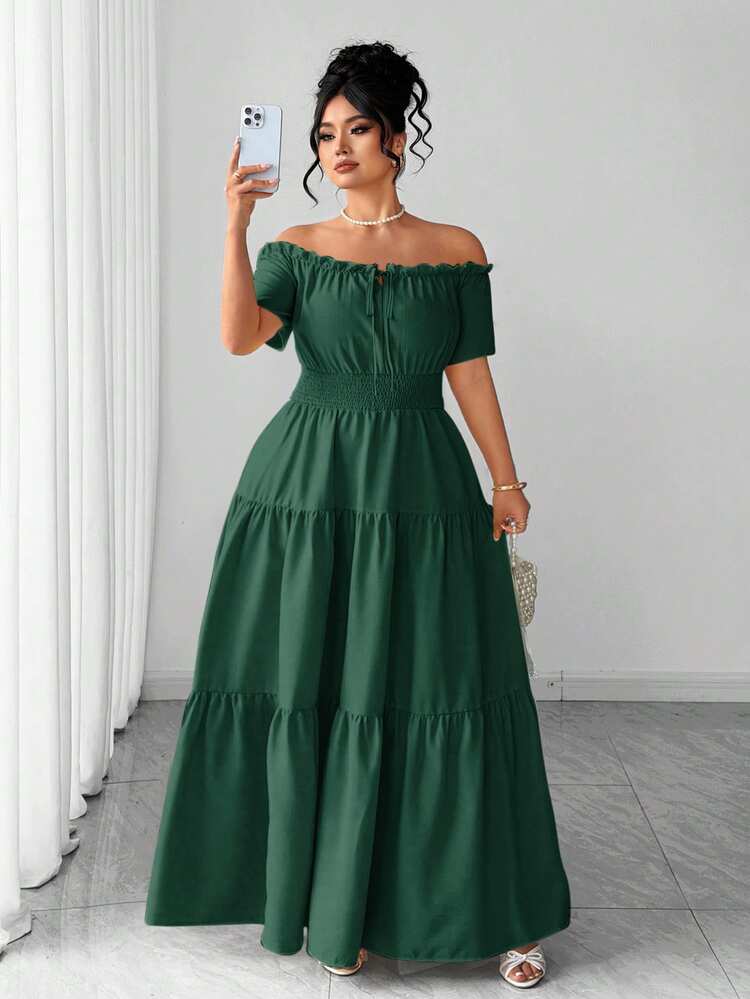SHEIN Clasi Plus Size Women's Spring/Summer Elegant Sophisticated Elastic Off-Shoulder Cinched Waist Patchwork Short Sleeve Dress - Dark Green - View 5