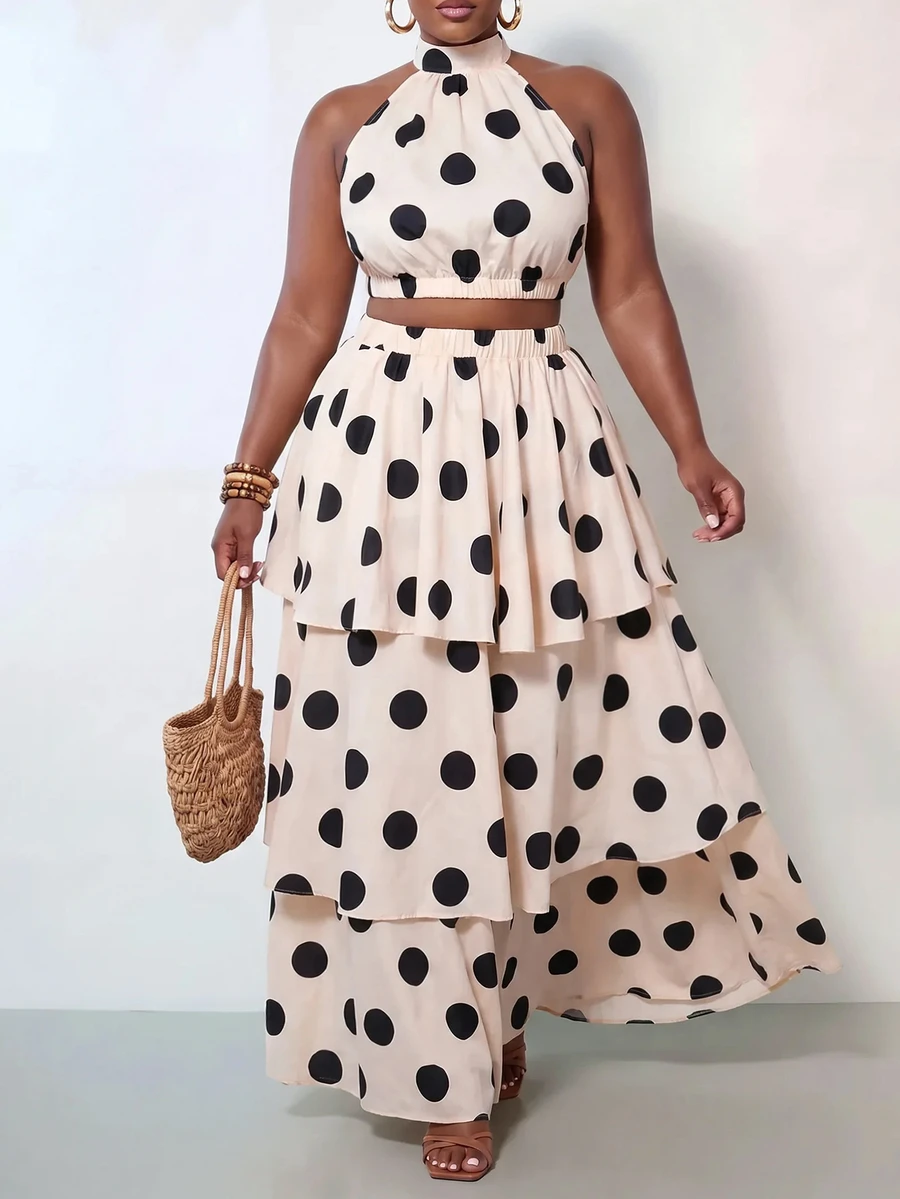 Zivah Women's Plus Size Beige Polka Dot 2 Pieces Set,Summer Tropical Sleeveless Halter Cropped Top & Multi-Layered Ruffled Cake Skirt,Holiday Tea Party - Multicolor - View 1