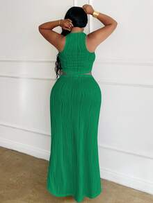 Veslaya Plus Size White Solid Slim Fit 2 Pieces Outfit 2pcs/Set,Holiday Outfits - Green - View 4