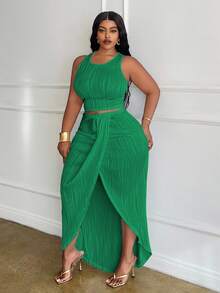 Veslaya Plus Size White Solid Slim Fit 2 Pieces Outfit 2pcs/Set,Holiday Outfits - Green - View 6
