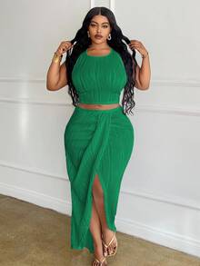 Veslaya Plus Size White Solid Slim Fit 2 Pieces Outfit 2pcs/Set,Holiday Outfits - Green - View 3