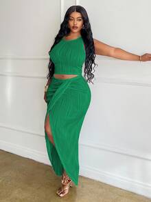 Veslaya Plus Size White Solid Slim Fit 2 Pieces Outfit 2pcs/Set,Holiday Outfits - Green - View 7