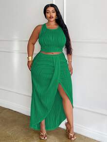 Veslaya Plus Size White Solid Slim Fit 2 Pieces Outfit 2pcs/Set,Holiday Outfits - Green - View 5