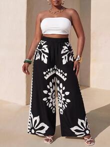 Zivah 2025 Spring, Summer New Arrival Plus Size Black & White Loose Fit Color Blocking Printed Pants, Suitable For Women Wide Leg Boho Vintage Fall - Black and White - View 1