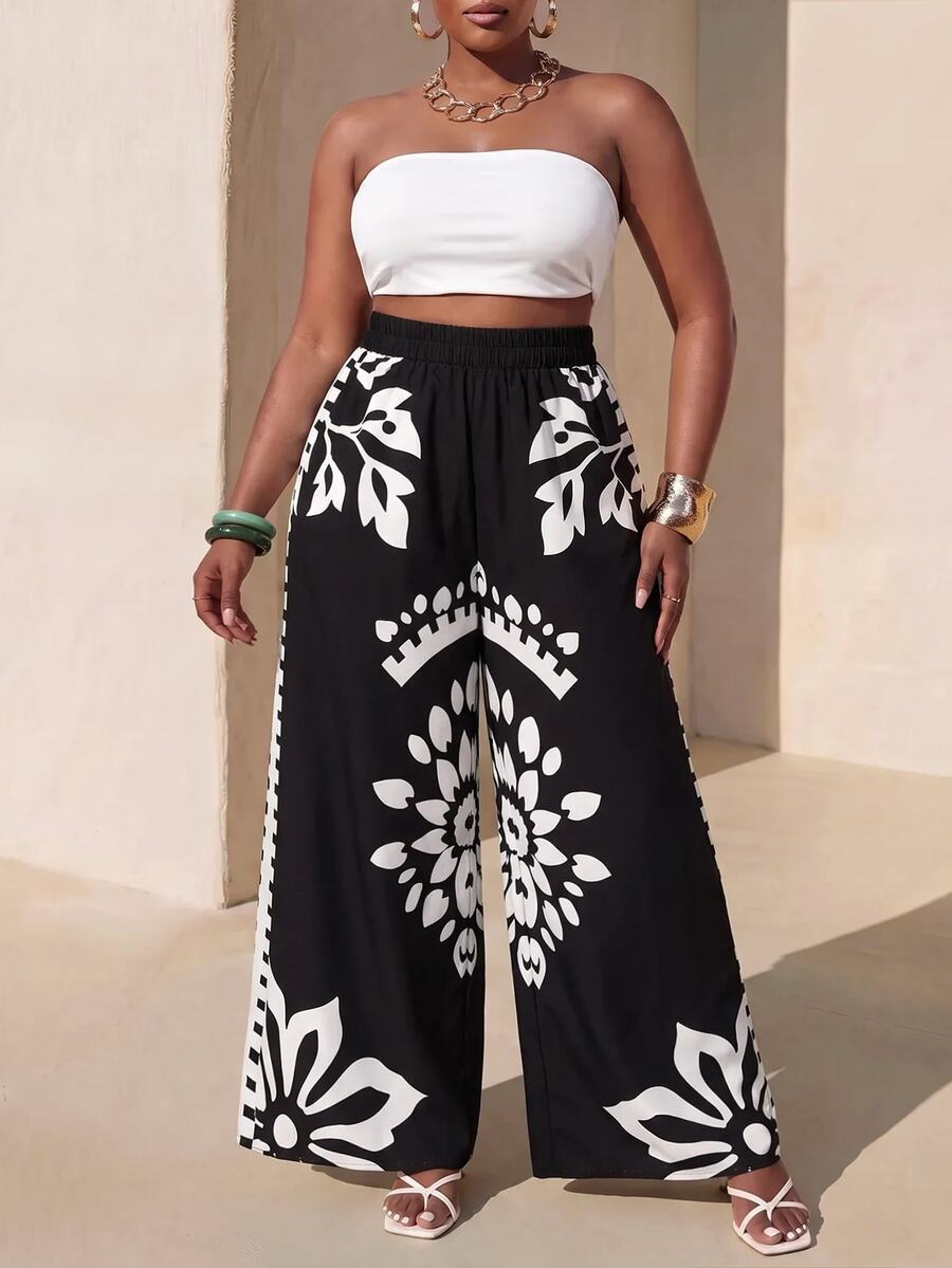 Zivah 2025 Spring, Summer New Arrival Plus Size Black & White Loose Fit Color Blocking Printed Pants, Suitable For Women Wide Leg Boho Vintage Fall - Black and White - View 1