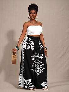 Zivah 2025 Spring, Summer New Arrival Plus Size Black & White Loose Fit Color Blocking Printed Pants, Suitable For Women Wide Leg Boho Vintage Fall - Black and White - View 8
