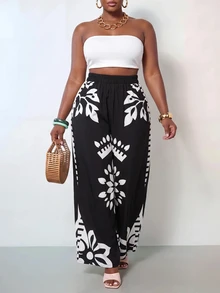 Zivah 2025 Spring, Summer New Arrival Plus Size Black & White Loose Fit Color Blocking Printed Pants, Suitable For Women Wide Leg Boho Vintage Fall - Black and White - View 2