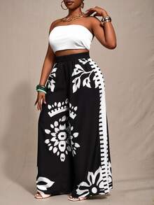 Zivah 2025 Spring, Summer New Arrival Plus Size Black & White Loose Fit Color Blocking Printed Pants, Suitable For Women Wide Leg Boho Vintage Fall - Black and White - View 5