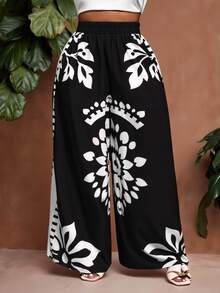 Zivah 2025 Spring, Summer New Arrival Plus Size Black & White Loose Fit Color Blocking Printed Pants, Suitable For Women Wide Leg Boho Vintage Fall - Black and White - View 11