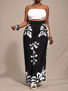 Zivah 2025 Spring, Summer New Arrival Plus Size Black & White Loose Fit Color Blocking Printed Pants, Suitable For Women Wide Leg Boho Vintage Fall - Black and White - View 10