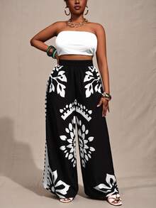 Zivah 2025 Spring, Summer New Arrival Plus Size Black & White Loose Fit Color Blocking Printed Pants, Suitable For Women Wide Leg Boho Vintage Fall - Black and White - View 12